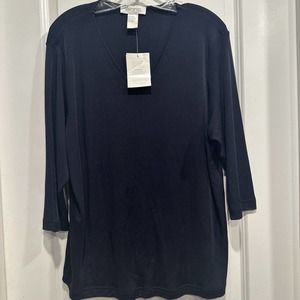 Elana By Tanner XL Black 3/4 Sleeve V-Neck Silk Blouse Top Minimal Casual
